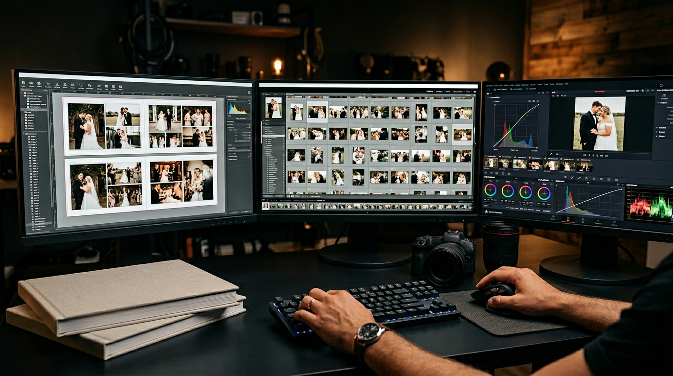 Digital albums and galleries — hands on keyboard and mouse at a triple-monitor editing desk with album layouts, gallery grids, and color grading; printed photobooks and DSLR on desk, no faces visible