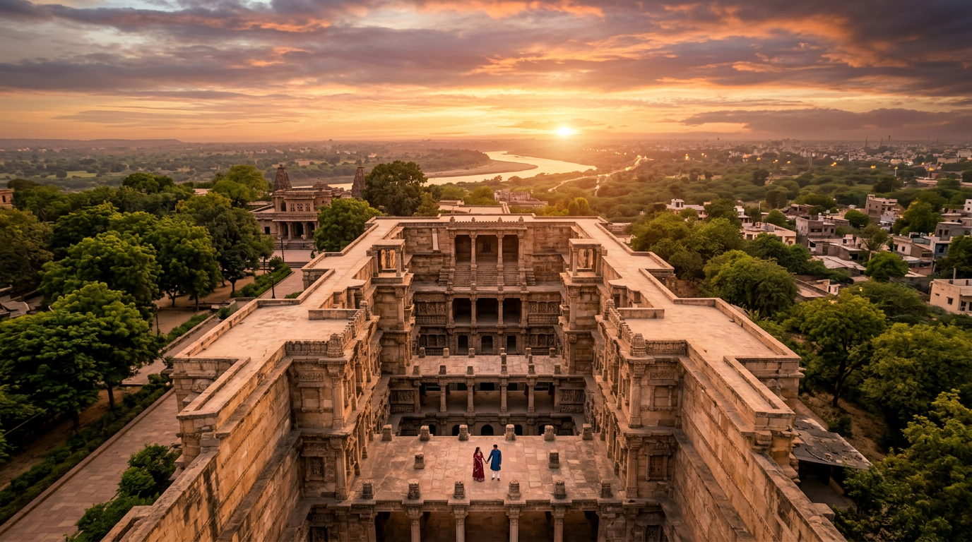Aerial drone view over Gujarat heritage landscape with couple in frame, golden hour light