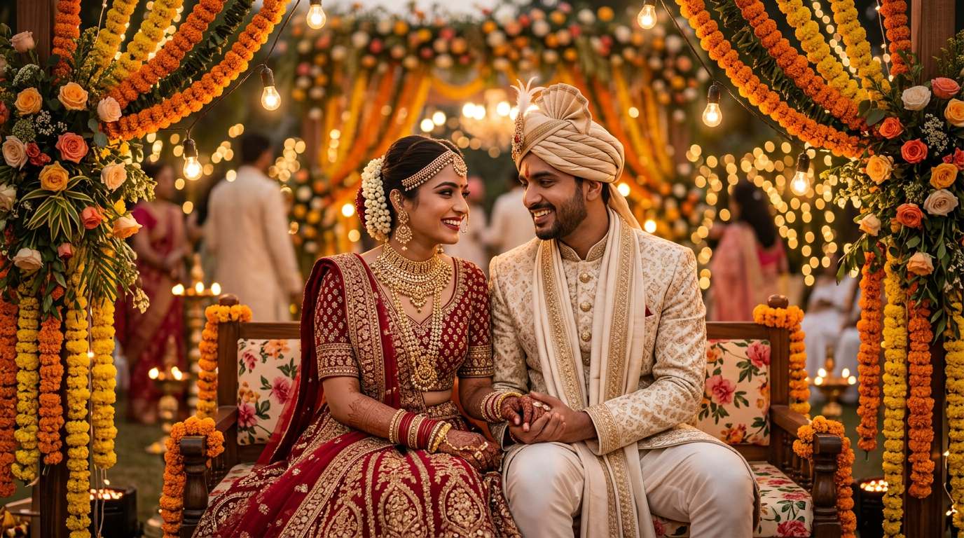 Gujarati wedding — young couple in red and gold lehenga and sherwani at a decorated mandap, warm golden lights